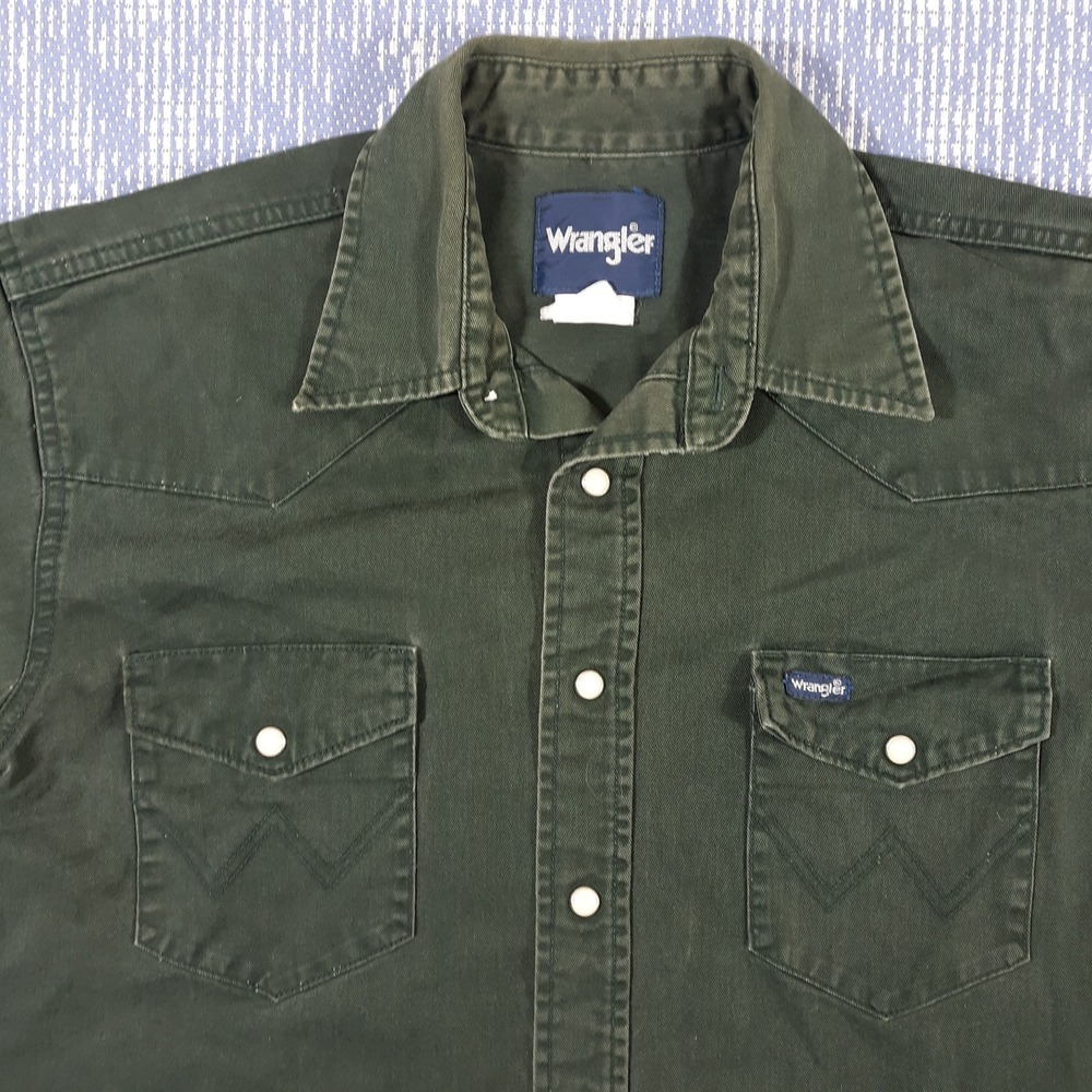 Wrangler Western Cowboy Shirt Mens M Pearl Snap Green Cotton Work Ranch